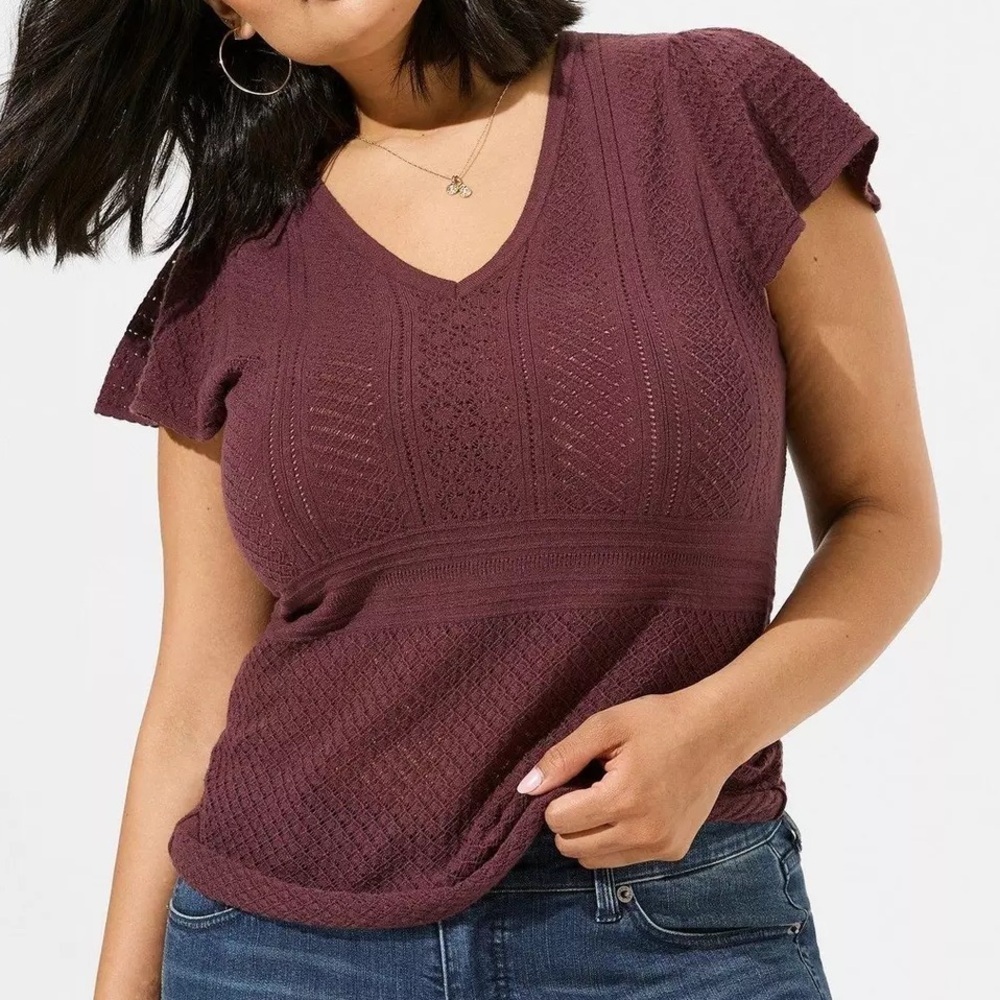 Torrid Maroon Lace Everyday Soft Pullover Pointelle Sweater NWT Sz-2. ‎ AA2